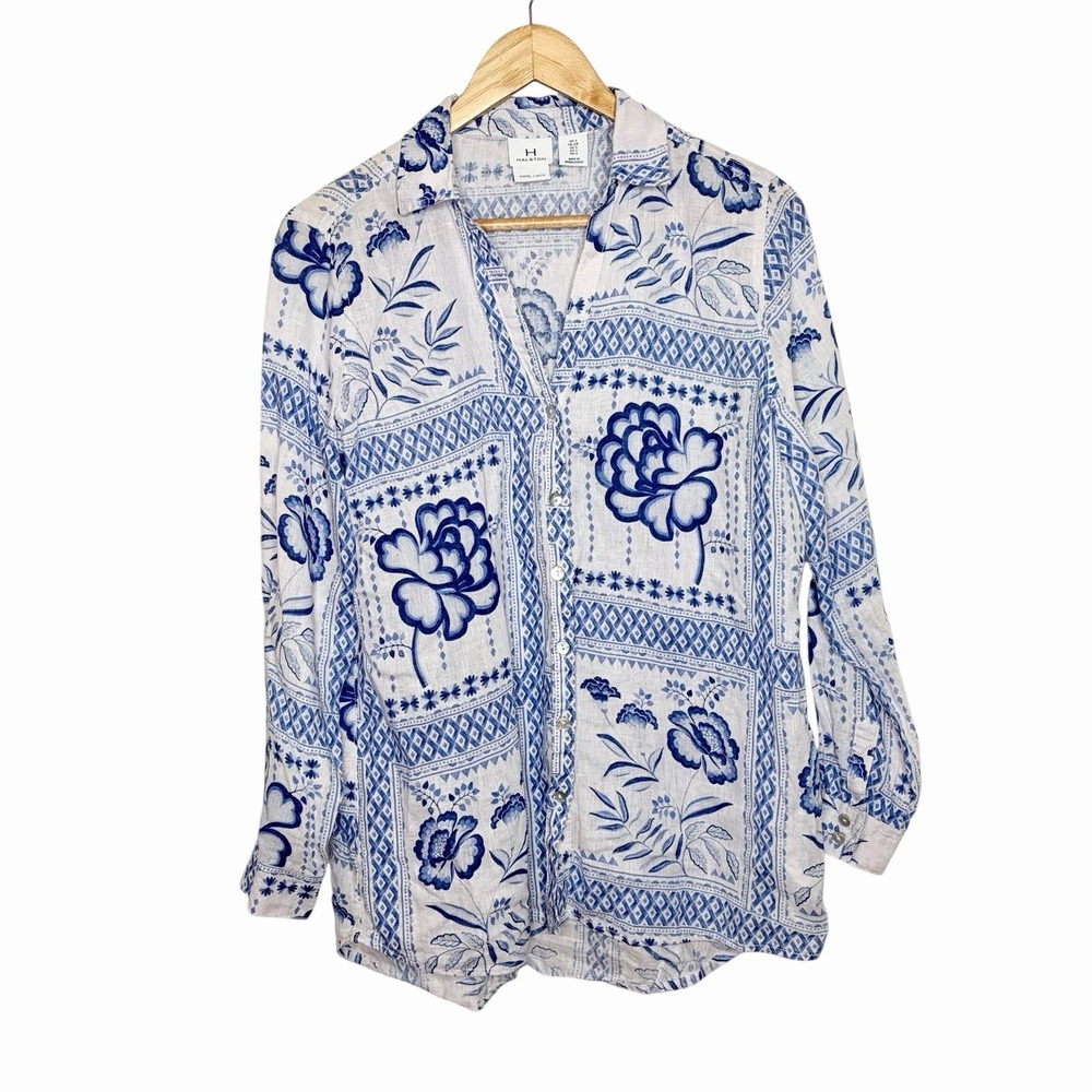 Halston Linen Floral Button Up Top Blue White Womens Small Coastal Oversized
